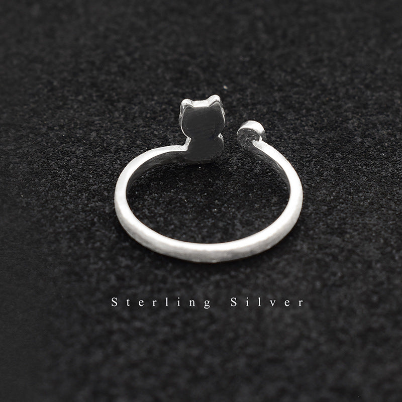 S925 Sterling Silver Brushed Cat Simple Graceful Ornament Ring