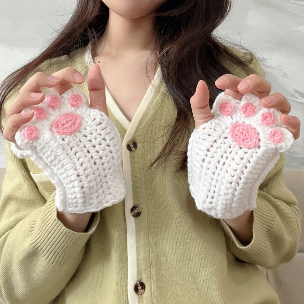 Cat's Paw and Wool Woven Half Finger Finished Cute Warm Winter Gift For women