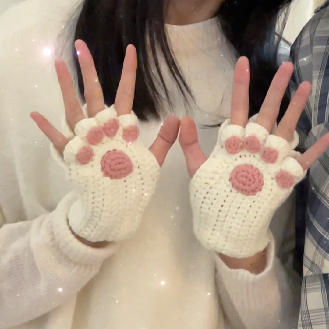 Cat's Paw and Wool Woven Half Finger Finished Cute Warm Winter Gift For women