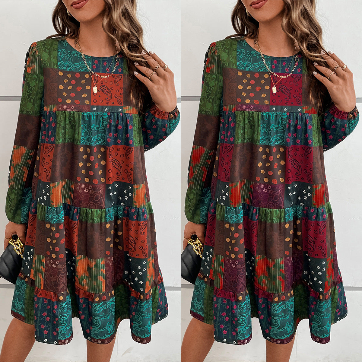 Round Neck Long Sleeve A-Line Printed Dress For Women