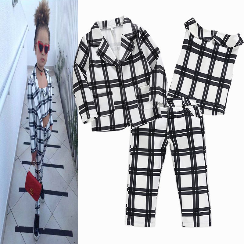 striped plaid  three-piece suit for girls