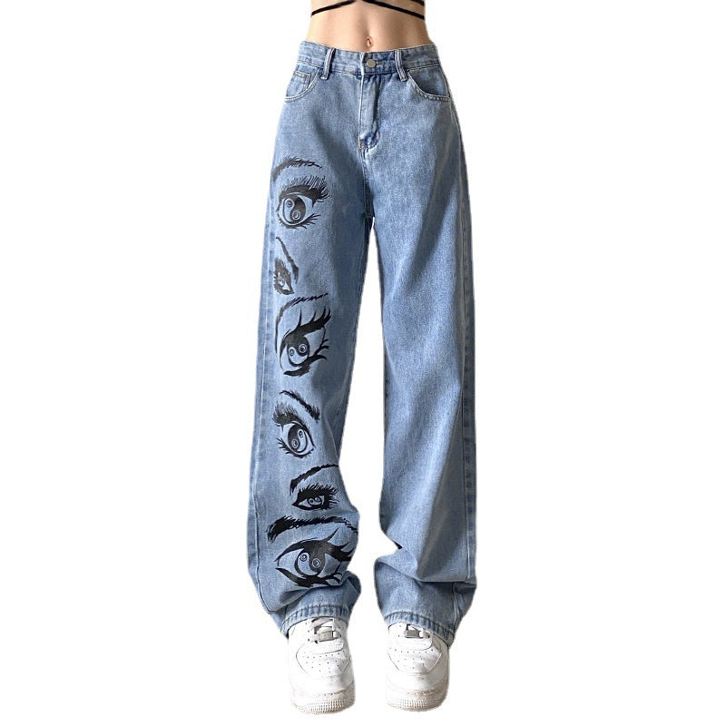 Fashion Personality Eye Print Blue Jeans For Women