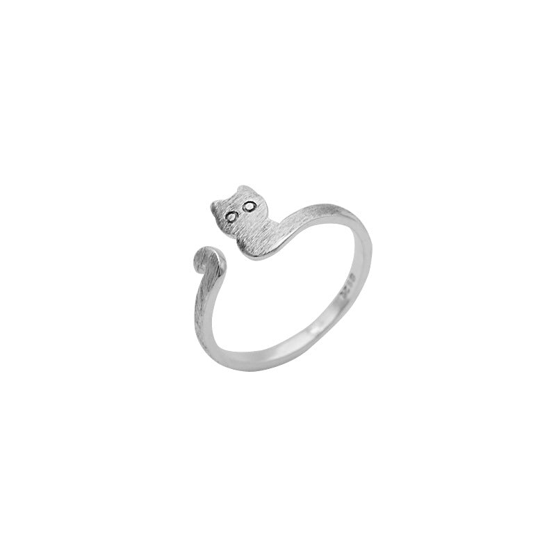 S925 Sterling Silver Brushed Cat Simple Graceful Ornament Ring