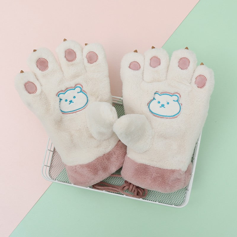 Cute Cartoon Bear Claw Plush Gloves Female Winter Warm Fleece-lined  for women