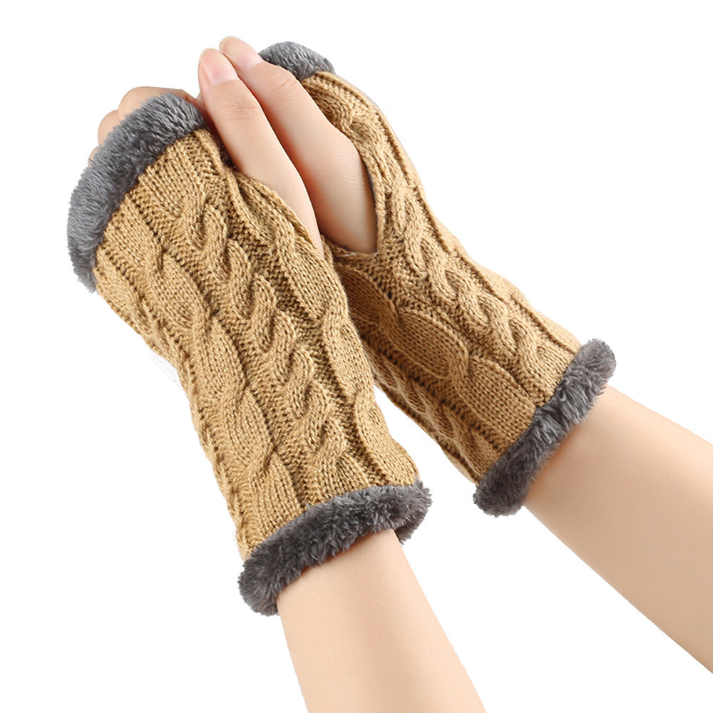 Plush and Twist Knitted Fingerless Fleece Gloves for Women