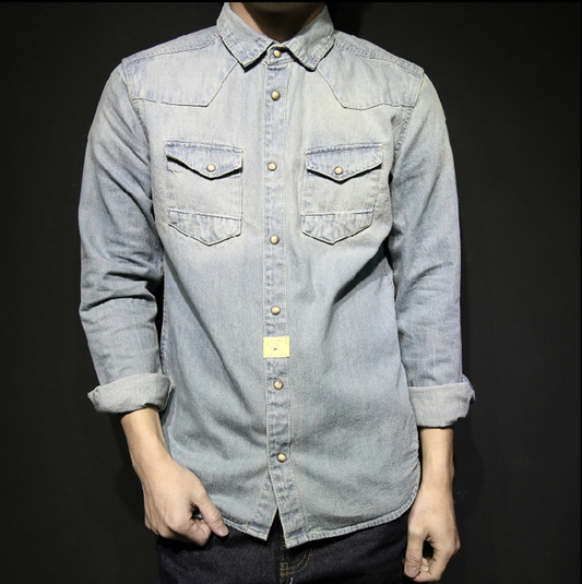 Washed Old Thickened Slim Fitting Denim Shirt