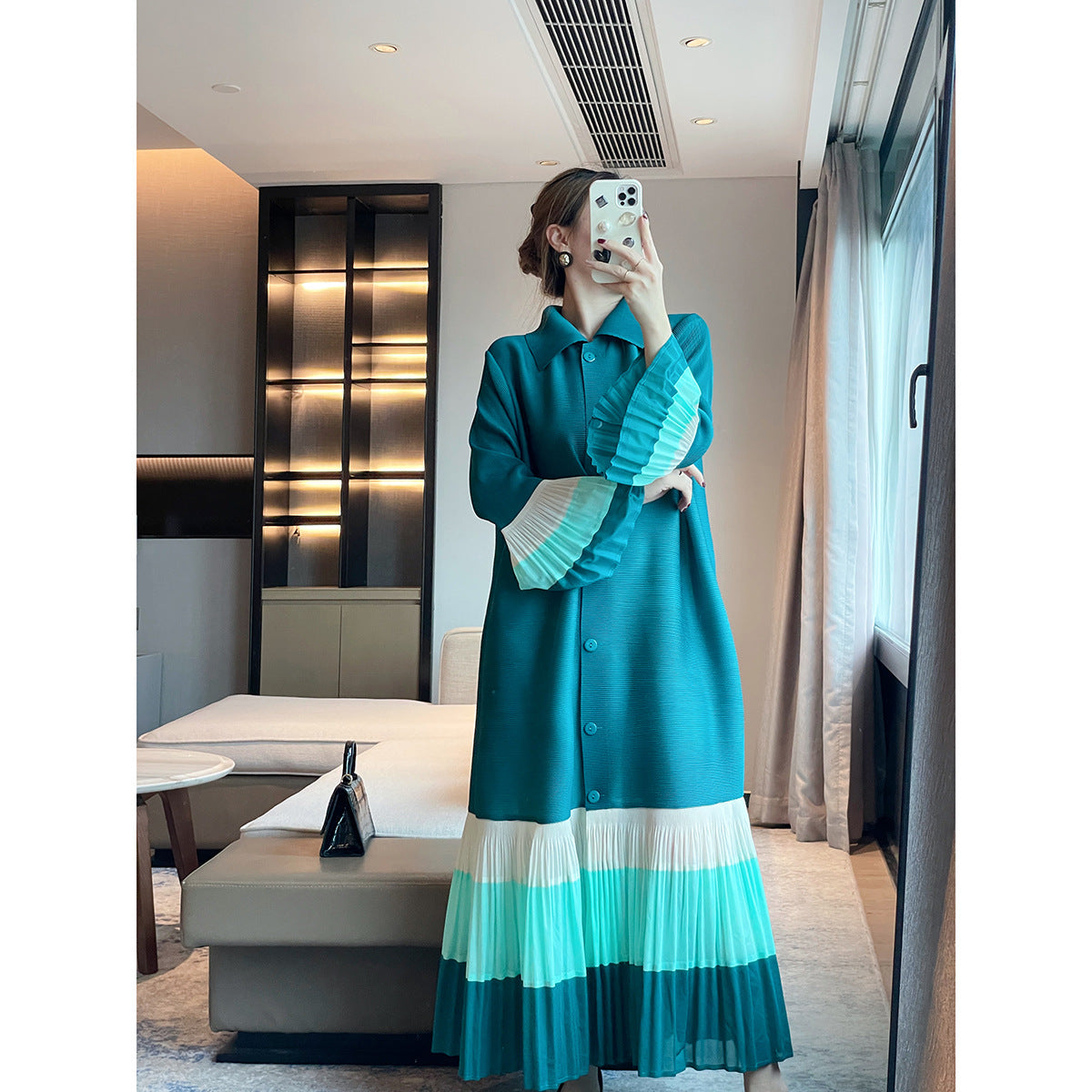 Color Turnover Neck Loose Dress For Women