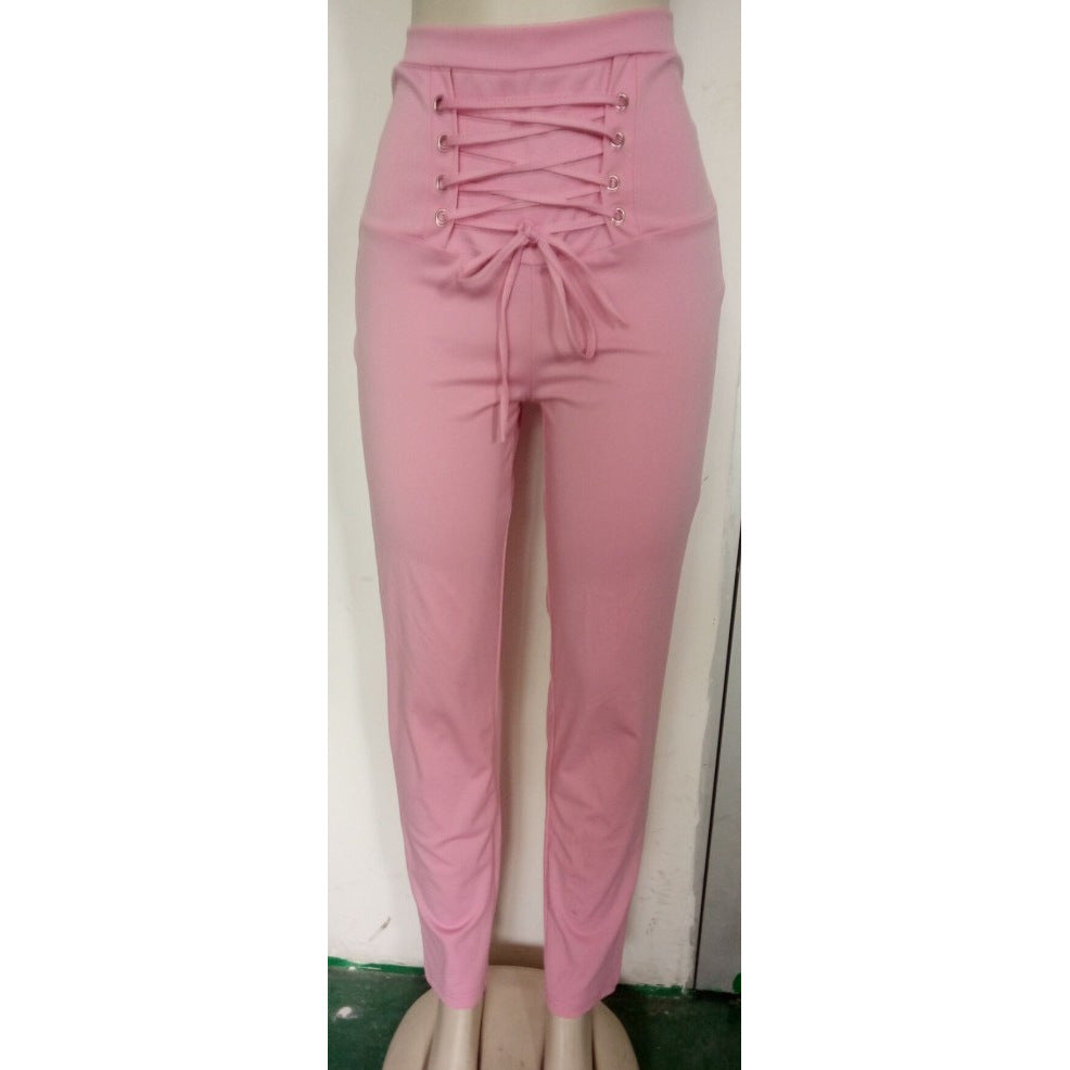 Pure Color Cotton Lace-up Pencil Pants For Women