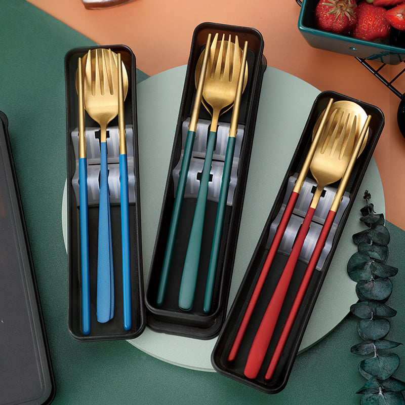 Portable chopsticks, spoons, three piece stainless steel fork set