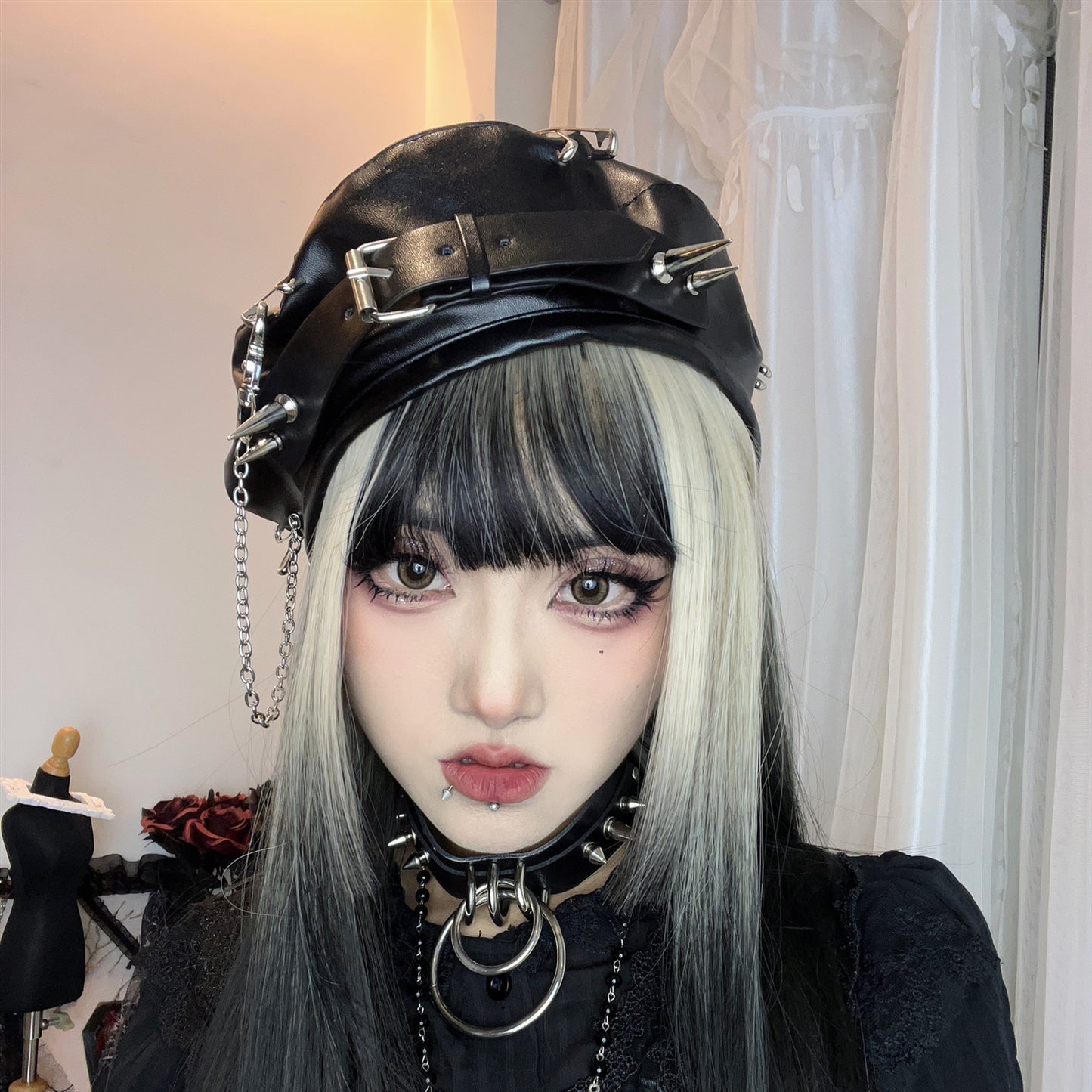 Pu Leather Punk Chain Studded Beret hat for girls