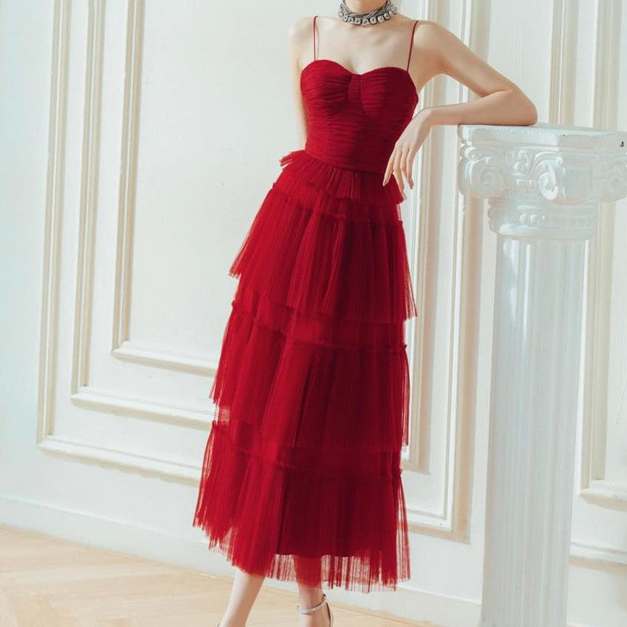 Spread Dark Red Flowing Small Dress for women