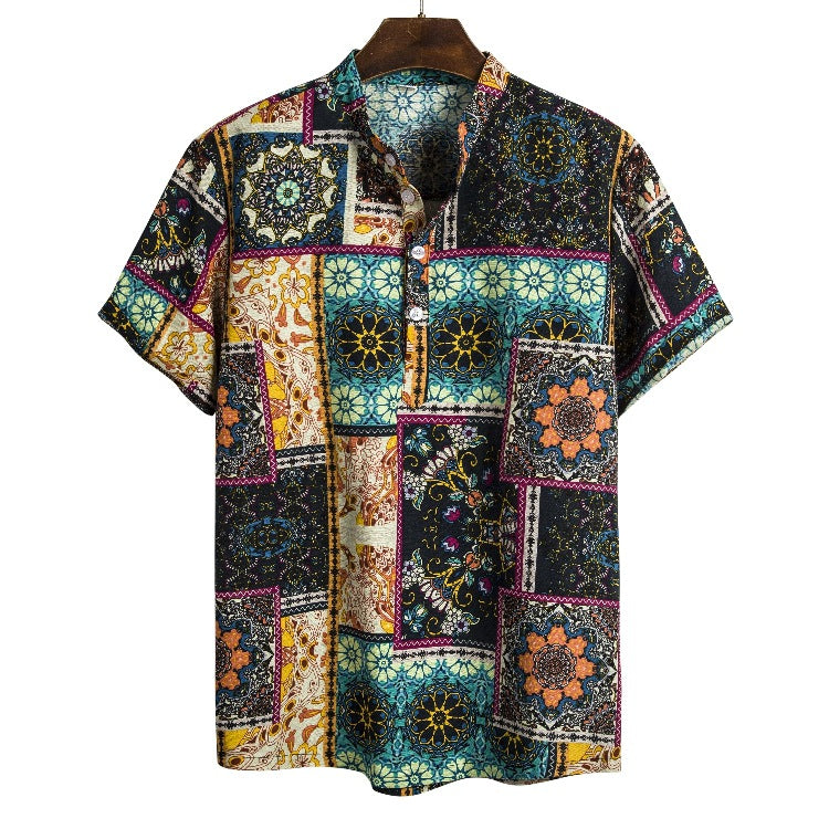 African ethnic linen print short-sleeved shirt men