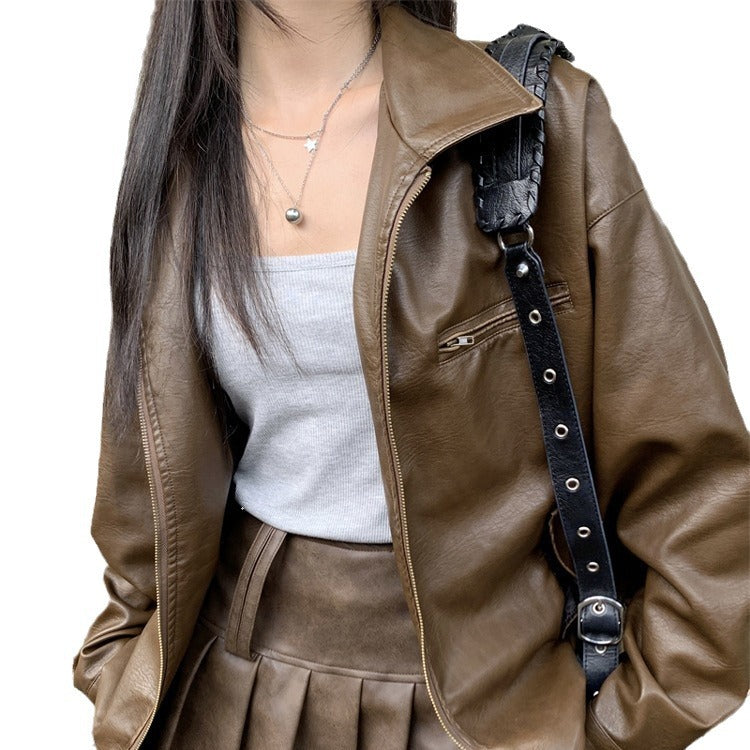 Retro Coffee Color Short Leather Jacket