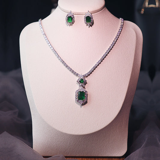 Simple Pendant Dark Green Necklace Earring Set