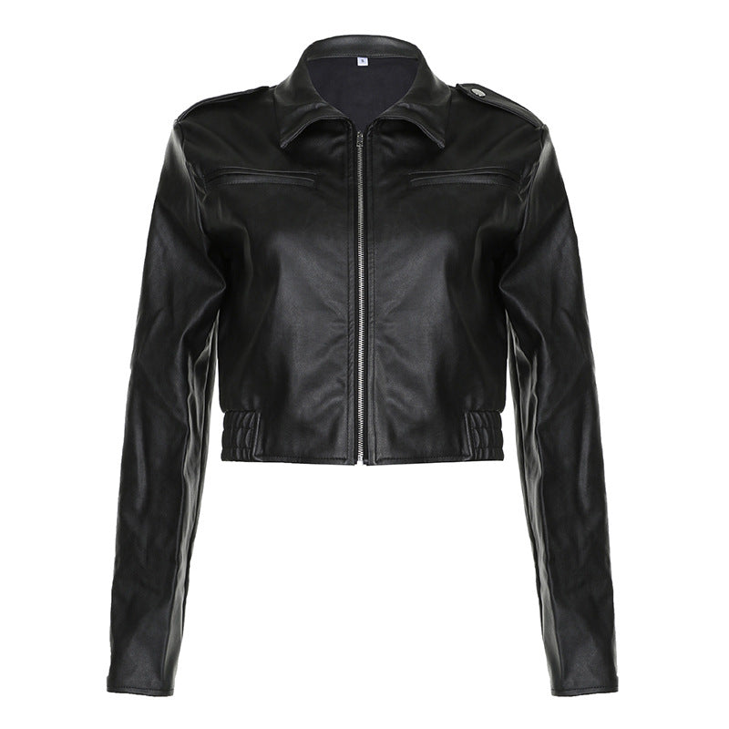 Hong Kong Style Lapel Long-sleeved Leather Jacket for girls