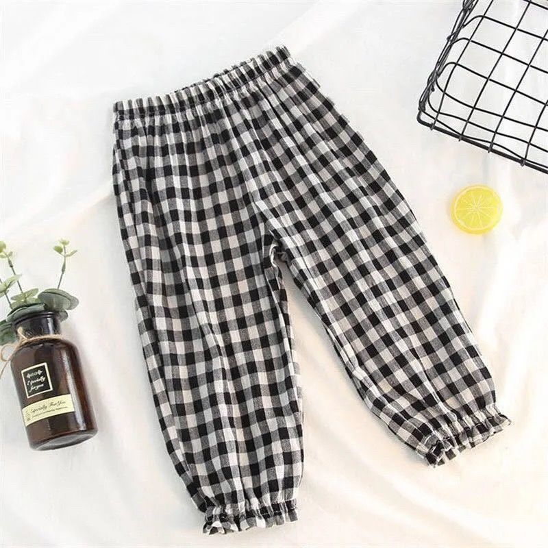 Summer Girls' Plaid Pants Short Sleeve Suit