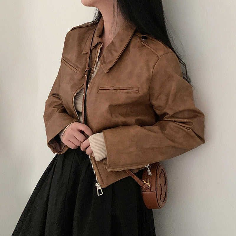 Hong Kong Style Lapel Long-sleeved Leather Jacket for girls