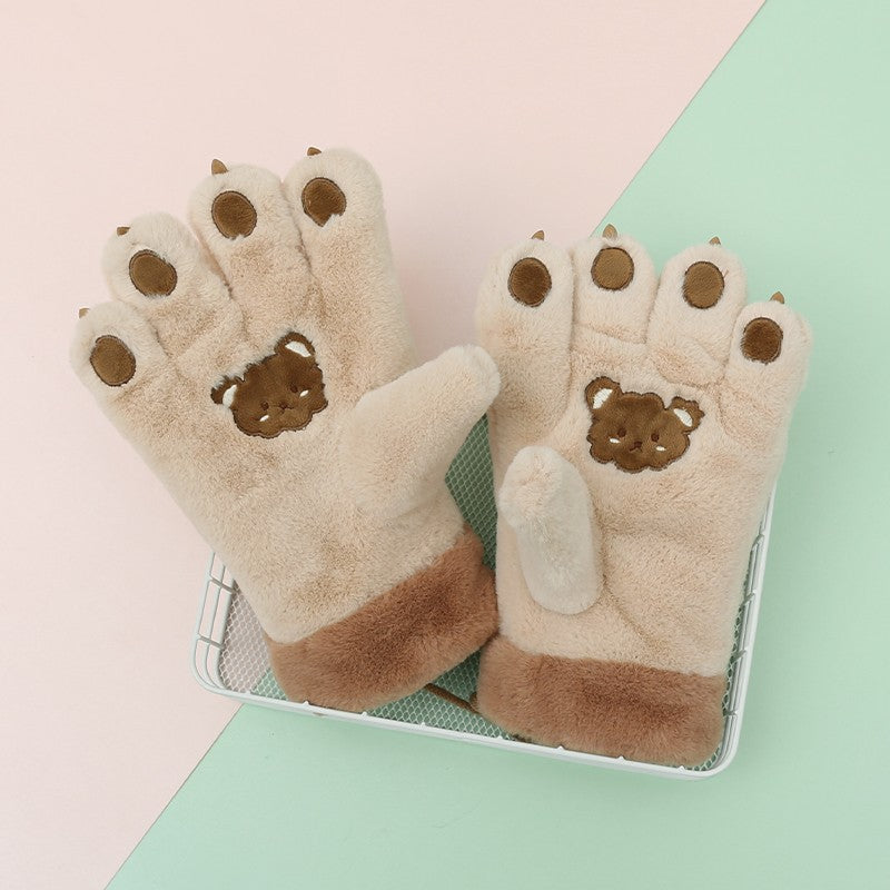 Cute Cartoon Bear Claw Plush Gloves Female Winter Warm Fleece-lined  for women