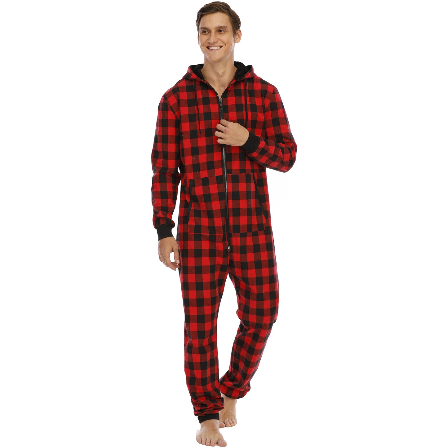 Flannel Check Hooded One-Piece For Men