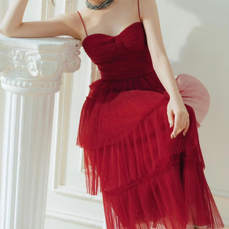 Spread Dark Red Flowing Small Dress for women