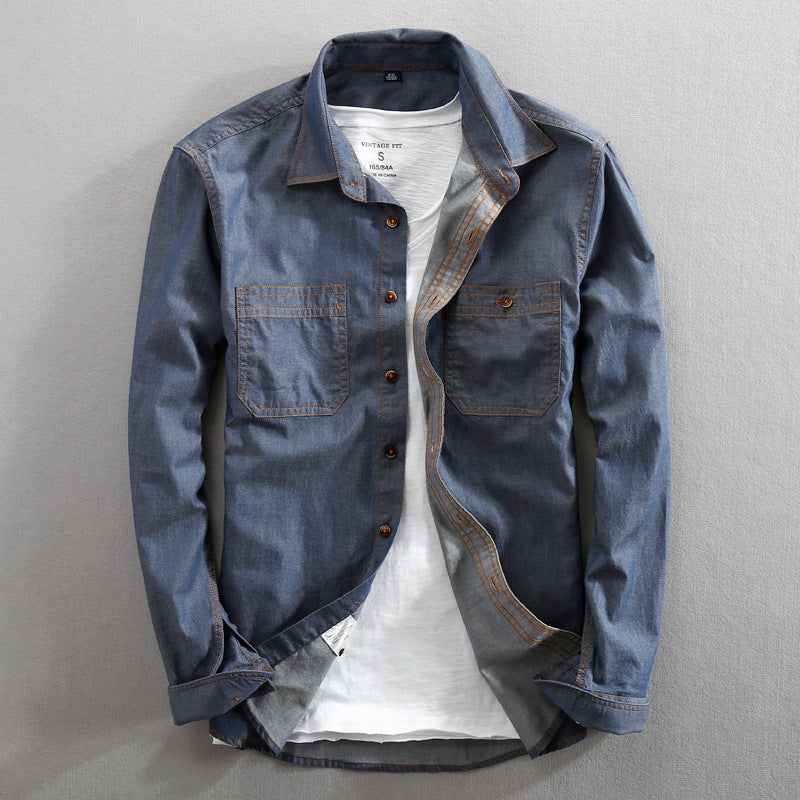 Man's Cotton Shirt Casual Loose Denim Lapel Shirt