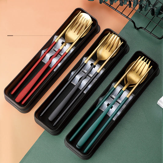 Portable chopsticks, spoons, three piece stainless steel fork set