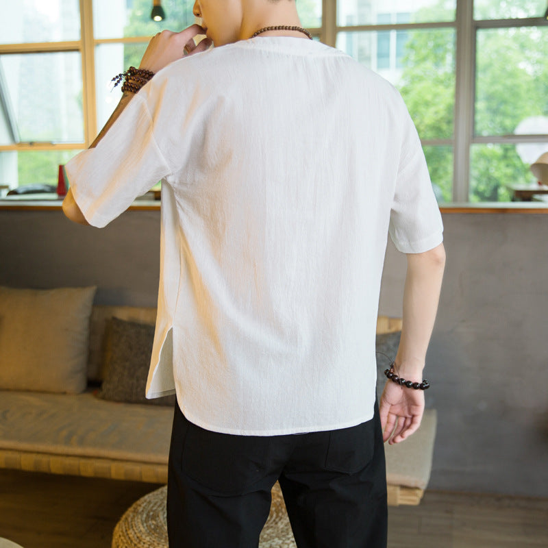 Linen crew neck patch pocket T-shirt men