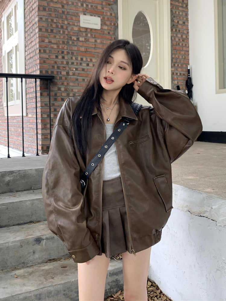 Retro Coffee Color Short Leather Jacket