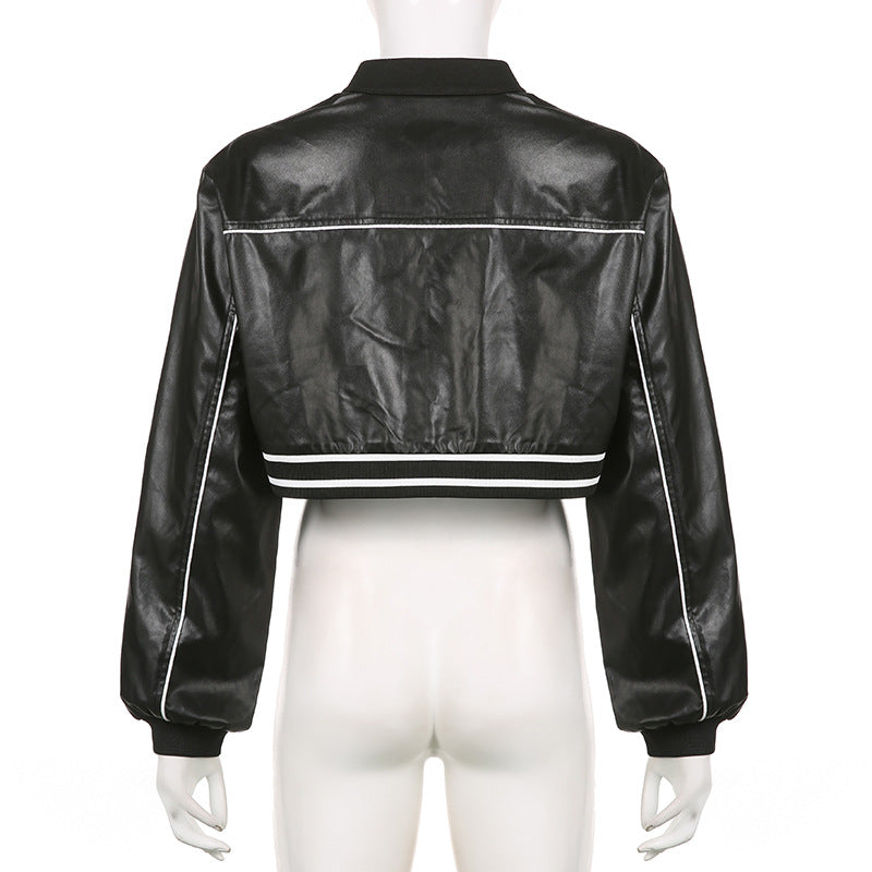 Street Motorcycle Style Letter Print Leather Jacket for Women