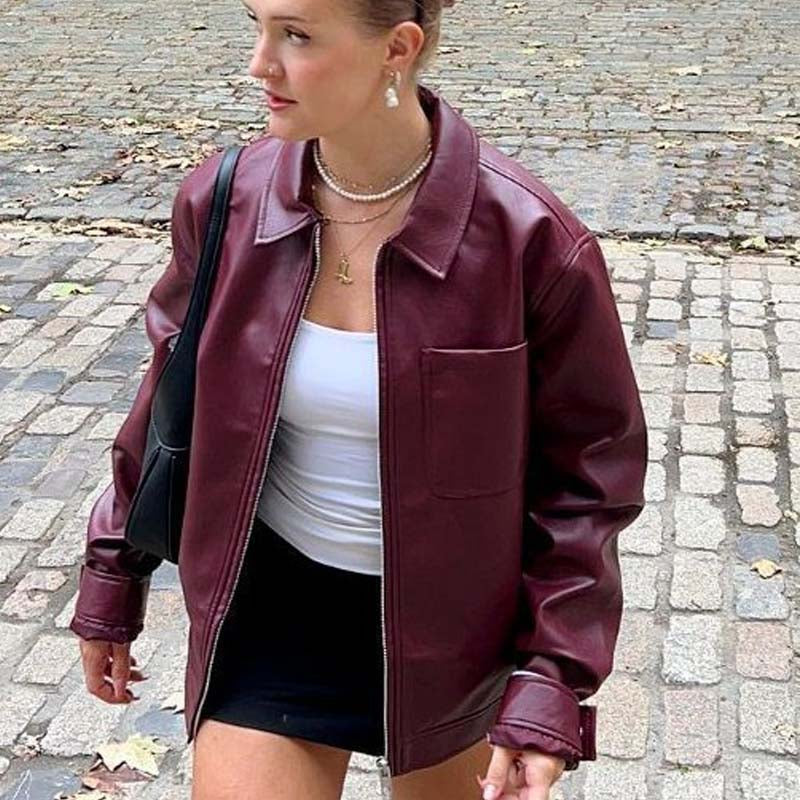 Retro Fashion Polo Collar Advanced PU Leather Jacket for women