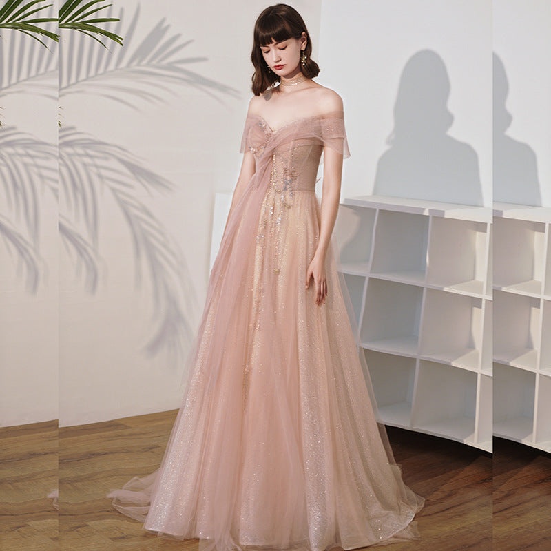 One Shoulder Slim Fairy Aura Light Gauze Bridesmaid Dress for women