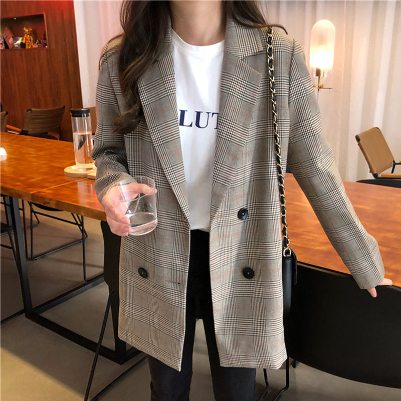 Office Style Collar Plaid Blazer For Women