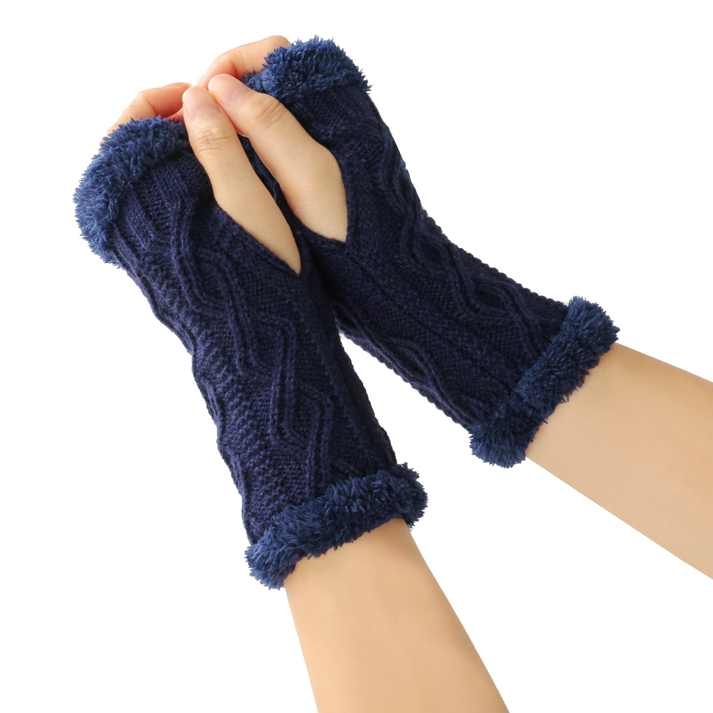 Rhombus Short Knitted Plus Fluff Thick Gloves for women