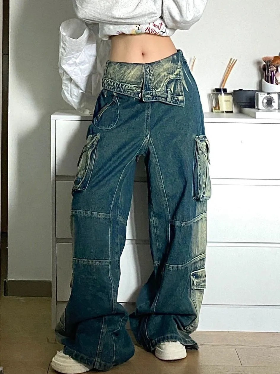 Retro Washed Cargo Jeans For Women