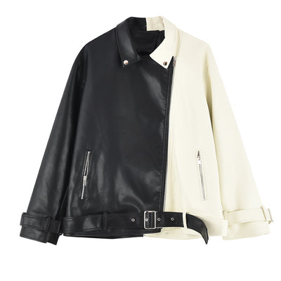 Collision Color Locomotive Loose Short  Leather Jacket for laddies