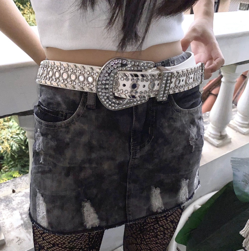 Punk Style Slim Jeans With Metal Decoration belt for women