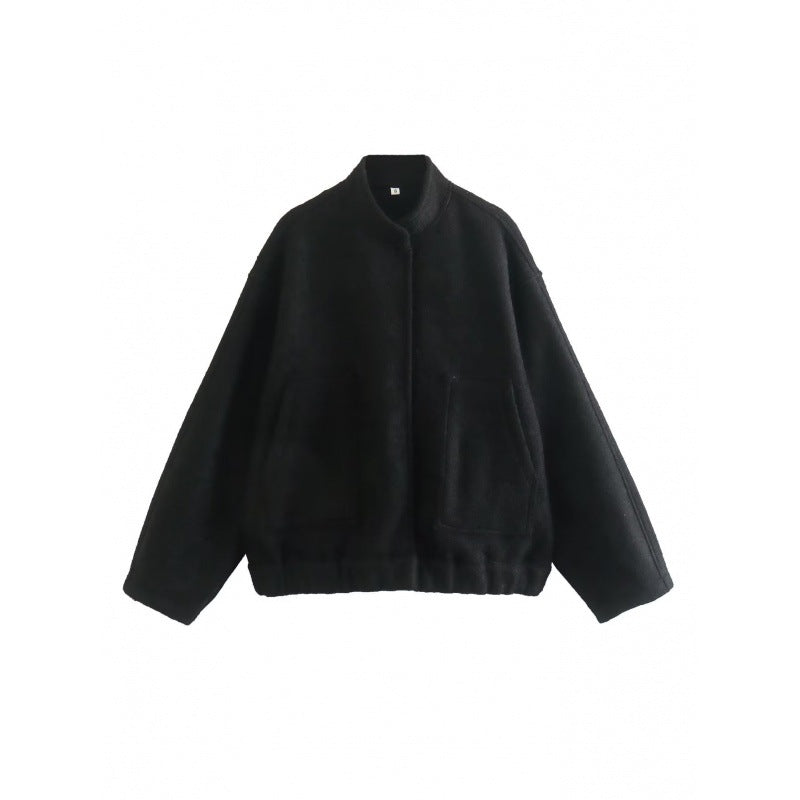 Single-breasted Stand Collar Large Pocket Loose Bomber Jacket for women