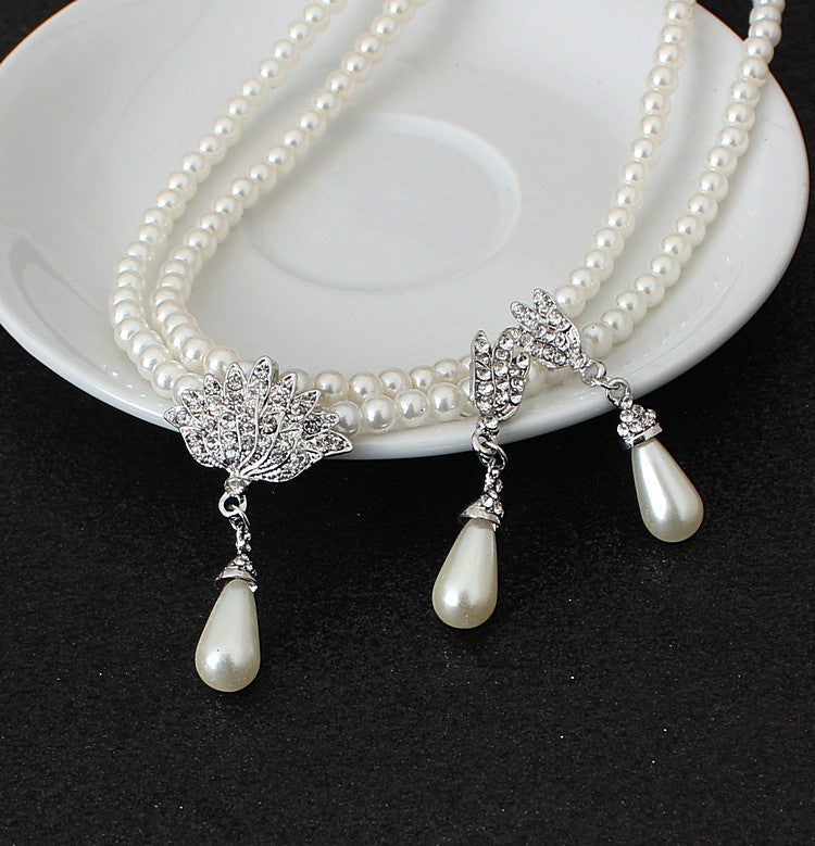 European and American foreign trade big wedding bride jewelry pearl crystal diamond necklace earrings set CMT087