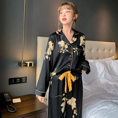 Black Imitation Silk Worn Outside Couple Pajamas Set For Men