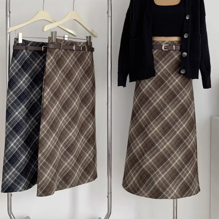 High Waist Mid-length Woolen Plaid Skirts For Women