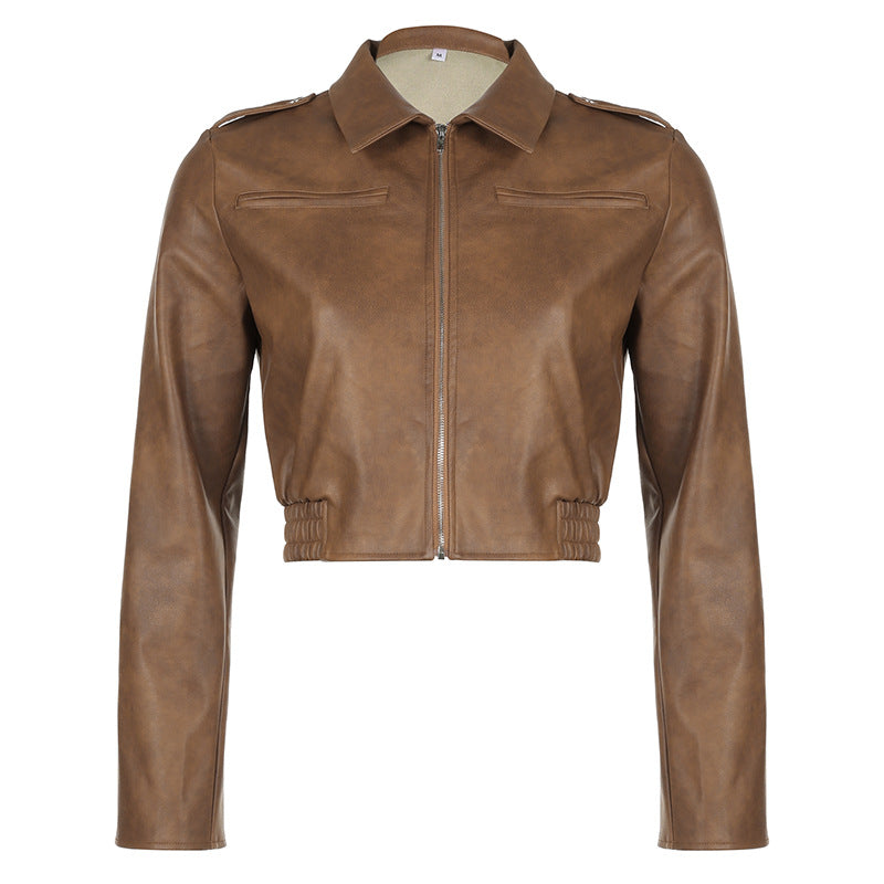 Hong Kong Style Lapel Long-sleeved Leather Jacket for girls