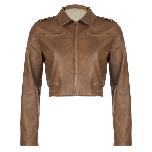 Hong Kong Style Lapel Long-sleeved Leather Jacket for girls