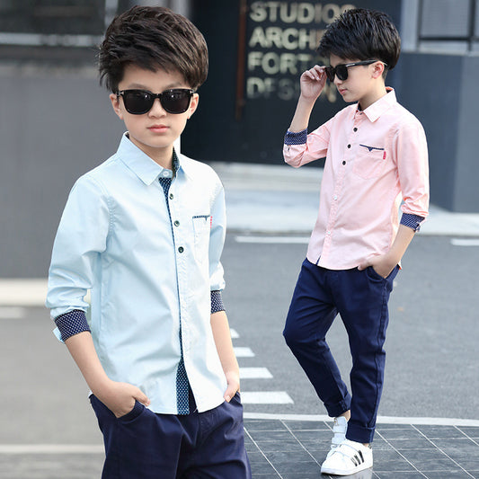 Student Spring And Autumn Trendy Fan Lapel Polka Dot Shirt for boys