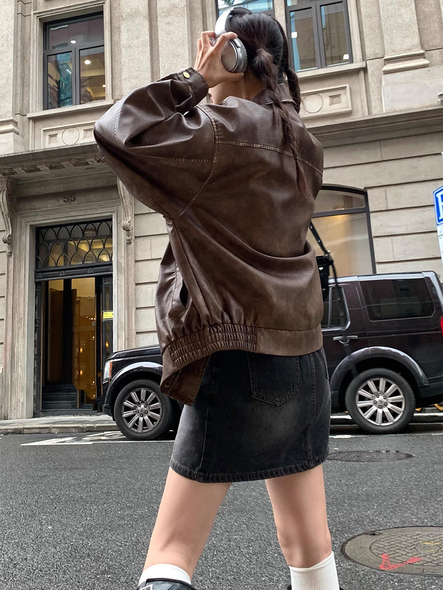 Retro Brushed Vintage Brown Leather Coat For Women