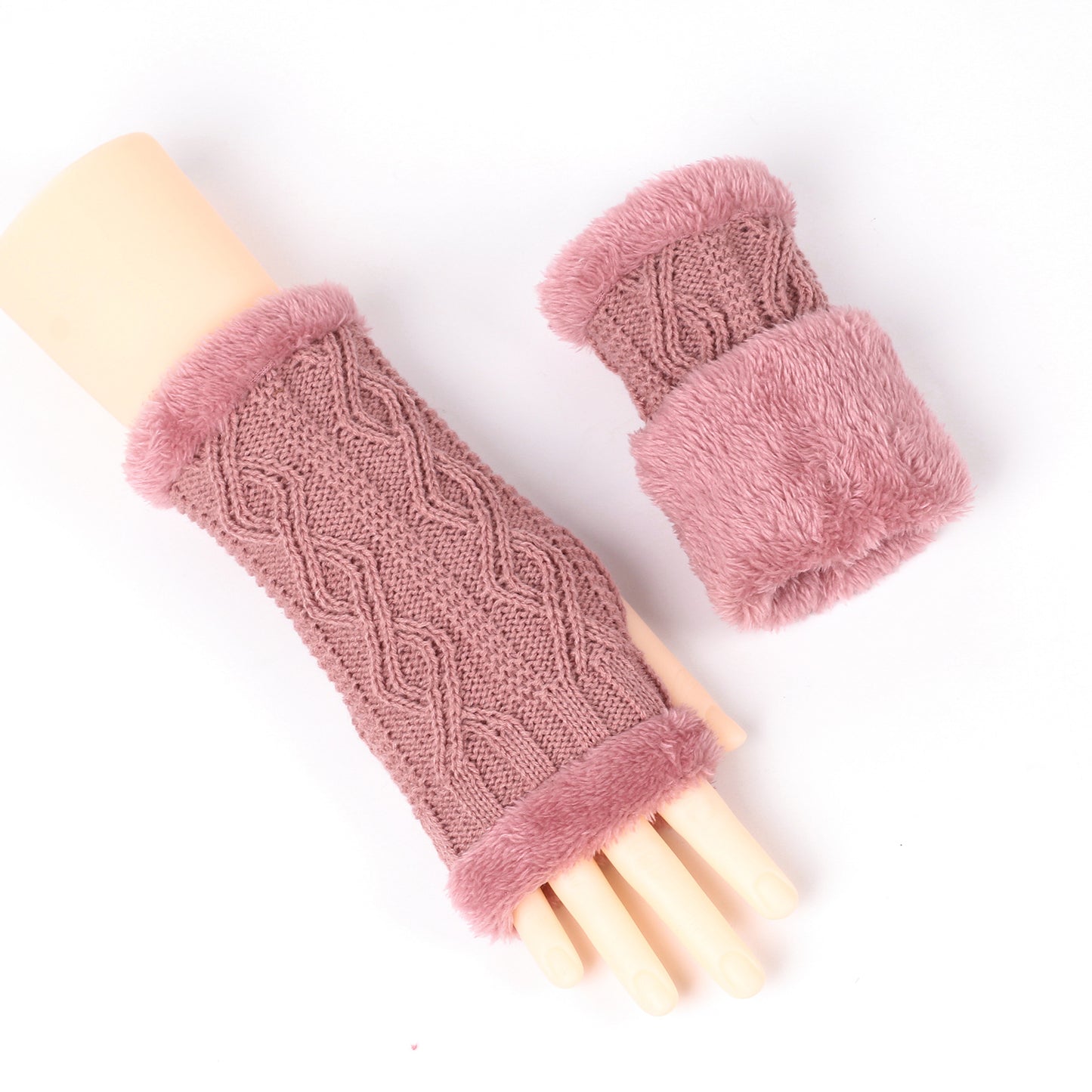 Rhombus Short Knitted Plus Fluff Thick Gloves for women