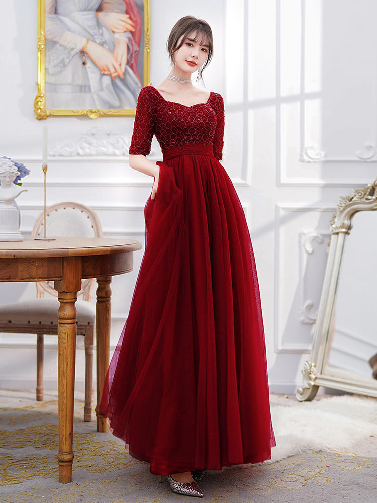 Wine Red Engagement Back Door Evening Dress for Female