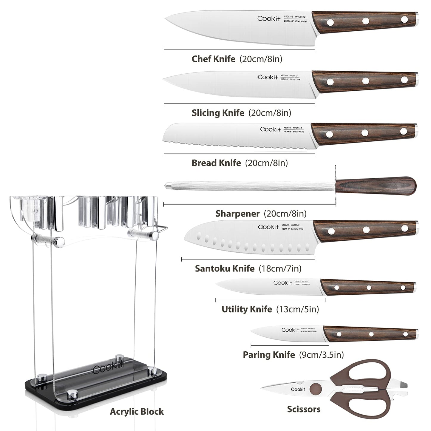 Knife Block with Knife, 9-Piece Kitchen Knife Set Sharp with Acrylic Block Holder, Wooden Handle with Manual Sharpener, Peeling Scissors - Best Cutlery Set Gift Amazon Platform Banned