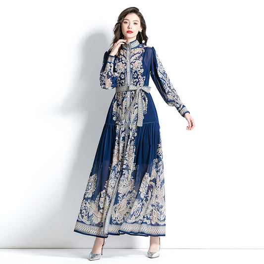 Stand-up Collar Puff Sleeve Lace Printing Dress For Women