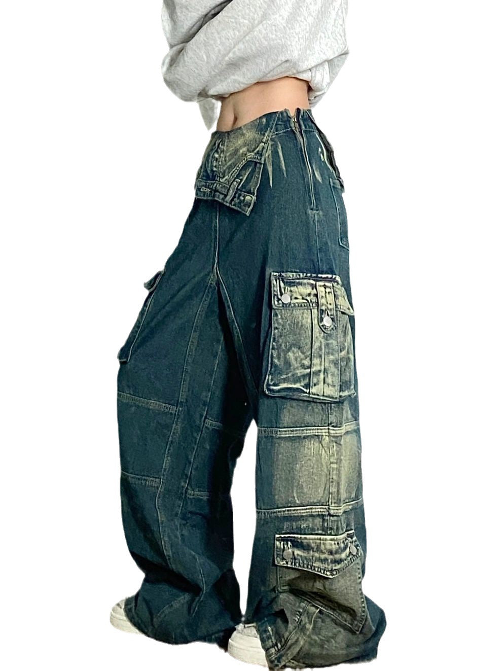 Retro Washed Cargo Jeans For Women