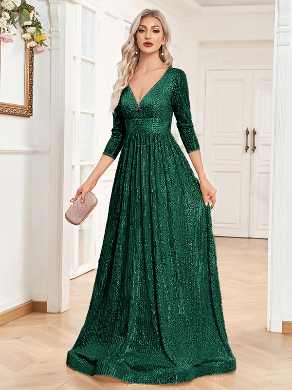 Sequined Fall V-neck High Waist Party Formal Dress for women